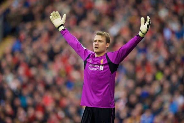 LIVERPOOL, ENGLAND - Saturday, October 25, 2014: Liverpool's goalkeeper Simon Mignolet in action against Hull City during the Premier League match at Anfield. (Pic by David Rawcliffe/Propaganda)