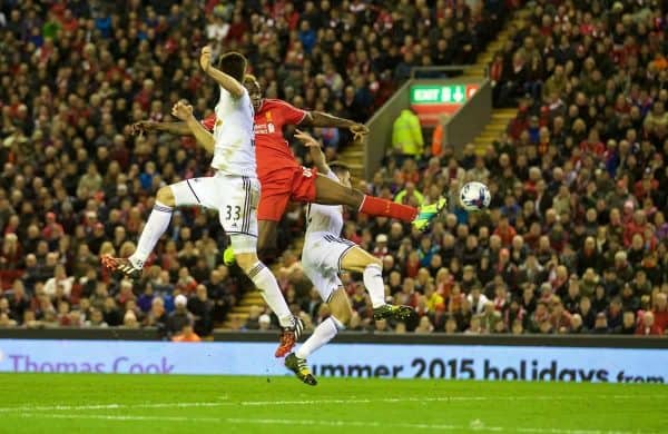 LIVERPOOL, ENGLAND - Tuesday, October 28, 2014: Liverpool's Mario Balotelli scores the first goal against Swansea City during the Football League Cup 4th Round match at Anfield. (Pic by David Rawcliffe/Propaganda)