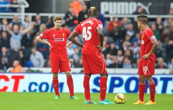 NEWCASTLE-UPON-TYNE, ENGLAND - Saturday, November 1, 2014: Liverpool's captain Steven Gerrard looks dejected as Newcastle United score the opening goal during the Premier League match at St. James' Park. (Pic by David Rawcliffe/Propaganda)