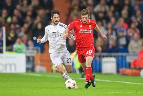 MADRID, SPAIN - Tuesday, November 4, 2014: Liverpool's Adam Lallana in action against Real Madrid CF during the UEFA Champions League Group B match at the Estadio Santiago Bernabeu. (Pic by David Rawcliffe/Propaganda)