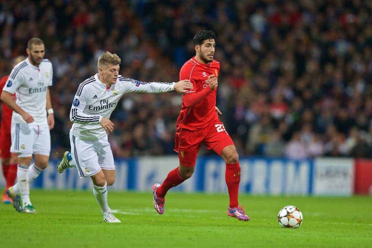 MADRID, SPAIN - Tuesday, November 4, 2014: Liverpool's Emre Can in action against Real Madrid CF during the UEFA Champions League Group B match at the Estadio Santiago Bernabeu. (Pic by David Rawcliffe/Propaganda)