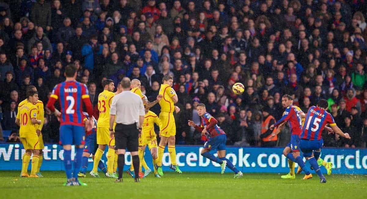 LONDON, ENGLAND - Sunday, November 23, 2014: Crystal Palace's captain Mile Jedinak scores the third goal against Liverpool during the Premier League match at Selhurst Park. (Pic by David Rawcliffe/Propaganda)