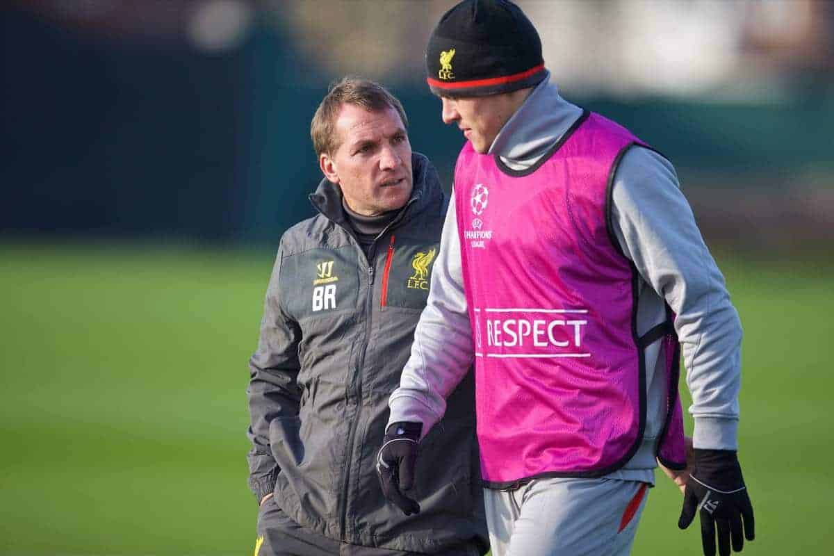 LIVERPOOL, ENGLAND - Tuesday, November 4, 2014: Liverpool's manager Brendan Rodgers and Martin Skrtel during a training session at Melwood Training Grounds ahead of the UEFA Champions League Group B match against PFC Ludogorets Razgrad. (Pic by David Rawcliffe/Propaganda)