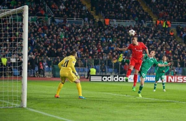 SOFIA, BULGARIA - Wednesday, November 26, 2014: Liverpool's Rickie Lambert scores the first goal against PFC Ludogorets Razgrad during the UEFA Champions League Group B match at the Vasil Levski National Stadium (Pic by David Rawcliffe/Propaganda)