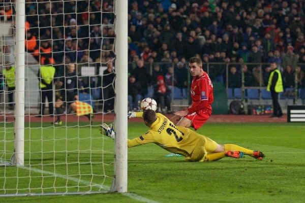 SOFIA, BULGARIA - Wednesday, November 26, 2014: Liverpool's Jordan Henderson scores the second goal against PFC Ludogorets Razgrad during the UEFA Champions League Group B match at the Vasil Levski National Stadium (Pic by David Rawcliffe/Propaganda)