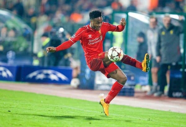 SOFIA, BULGARIA - Wednesday, November 26, 2014: Liverpool's Raheem Sterling in action against PFC Ludogorets Razgrad during the UEFA Champions League Group B match at the Vasil Levski National Stadium. (Pic by David Rawcliffe/Propaganda)