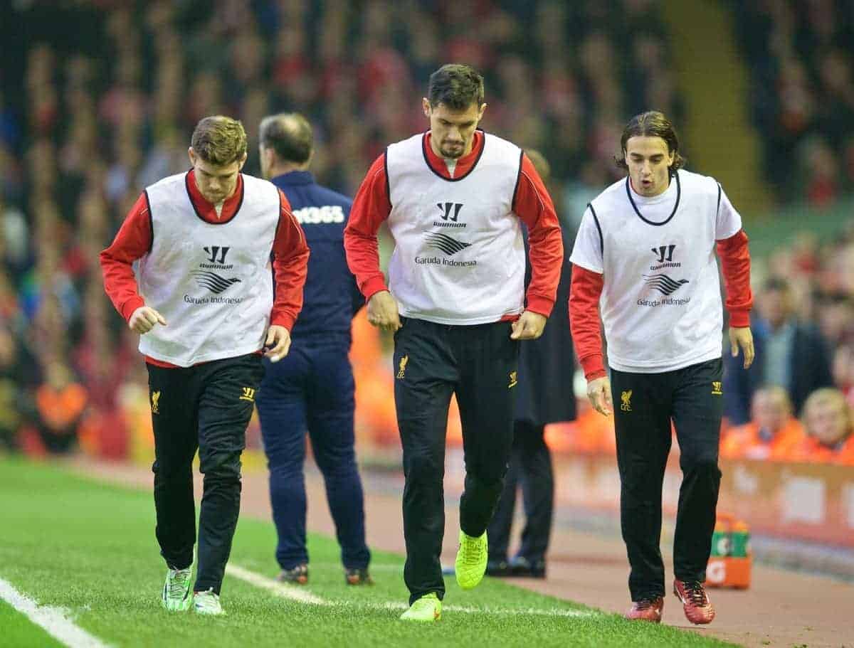 LIVERPOOL, ENGLAND - Saturday, November 29, 2014: Liverpool's substitutes Alberto Moreno, Dejan Lovren and Lazar Markovic during the Premier League match against Stoke City at Anfield. (Pic by David Rawcliffe/Propaganda)