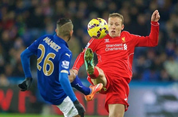 LEICESTER, ENGLAND - Tuesday, December 2, 2014: Liverpool's Lucas Leiva in action against Leicester City's Riyad Mahrez during the Premier League match at Filbert Way. (Pic by David Rawcliffe/Propaganda)