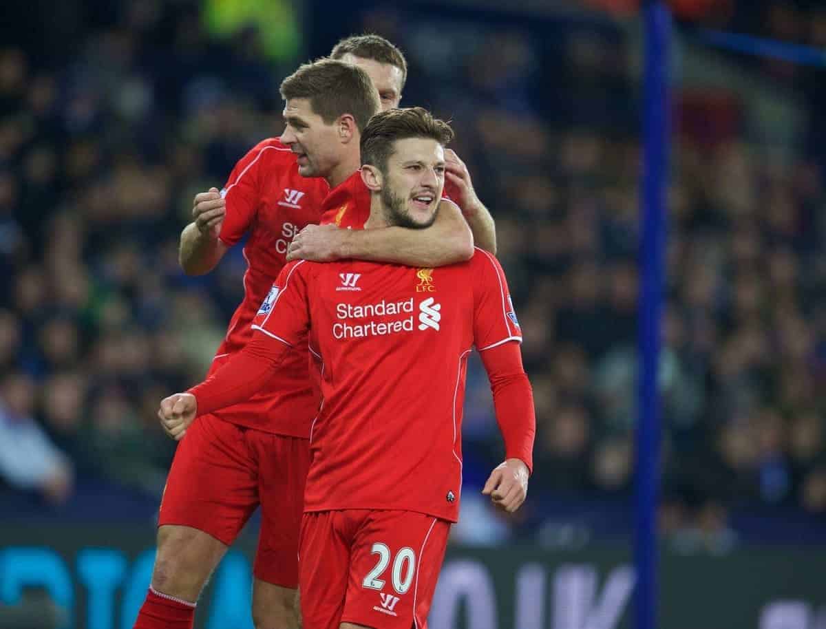 LEICESTER, ENGLAND - Tuesday, December 2, 2014: Liverpool's Adam Lallana celebrates scoring the first equalising goal against Leicester City during the Premier League match at Filbert Way. (Pic by David Rawcliffe/Propaganda)