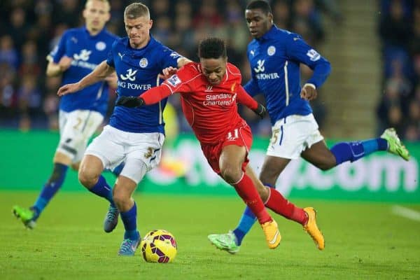 LEICESTER, ENGLAND - Tuesday, December 2, 2014: Liverpool's Raheem Sterling in action against Leicester City's Paul Konchesky during the Premier League match at Filbert Way. (Pic by David Rawcliffe/Propaganda)