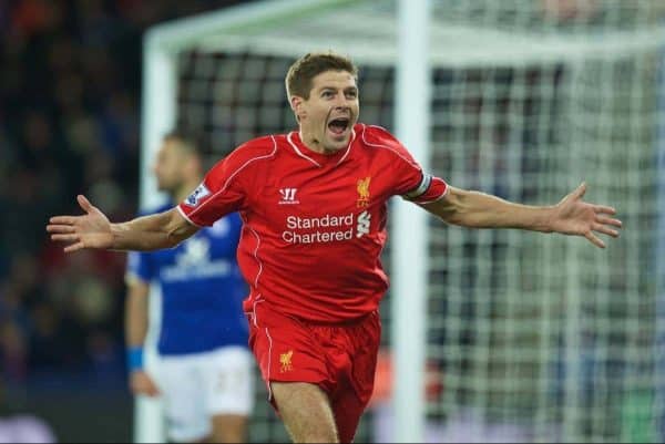 LEICESTER, ENGLAND - Tuesday, December 2, 2014: Liverpool's captain Steven Gerrard celebrates scoring the second goal against Leicester City during the Premier League match at Filbert Way. (Pic by David Rawcliffe/Propaganda)