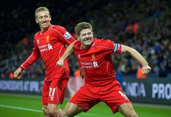 LEICESTER, ENGLAND - Tuesday, December 2, 2014: Liverpool's captain Steven Gerrard celebrates scoring the second goal against Leicester City during the Premier League match at Filbert Way. (Pic by David Rawcliffe/Propaganda)