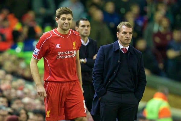 LIVERPOOL, ENGLAND - Saturday, December 6, 2014: Liverpool's manager Brendan Rodgers prepares to bring on substitute captain Steven Gerrard against Sunderland during the Premier League match at Anfield. (Pic by David Rawcliffe/Propaganda)