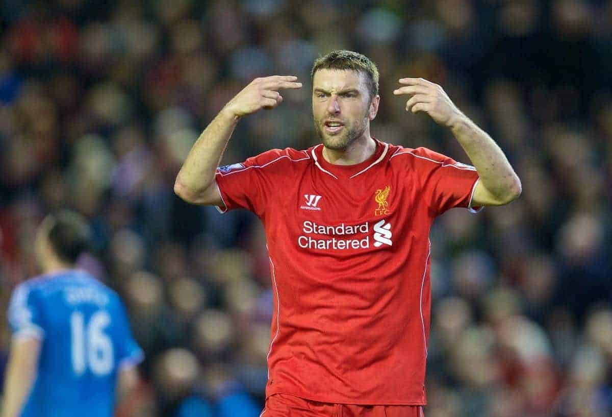 LIVERPOOL, ENGLAND - Saturday, December 6, 2014: Liverpool's Rickie Lambert shows his frustration at the assistant referee as his side are held to a goal-less draw against Sunderland during the Premier League match at Anfield. (Pic by David Rawcliffe/Propaganda)