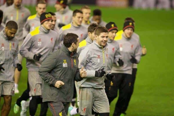 LIVERPOOL, ENGLAND - Monday, December 8, 2014: Liverpool's captain Steven Gerrard during a training session at Anfield ahead of the final UEFA Champions League Group B match against FC Basel. (Pic by David Rawcliffe/Propaganda)