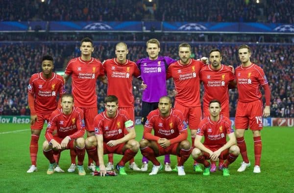 LIVERPOOL, ENGLAND - Tuesday, December 9, 2014: Liverpool's players line up for a team group photograph before the final UEFA Champions League Group B match at Anfield. Back row L-R: Raheem Sterling, Dejan Lovren, Martin Skrtel, goalkeeper Simon Mignolet, Rickie Lambert, Jose Enrique, Jordan Henderson Front row L-R: Lucas Leiva, captain Steven Gerrard, Glen Johnson, Joe Allen. (Pic by David Rawcliffe/Propaganda)