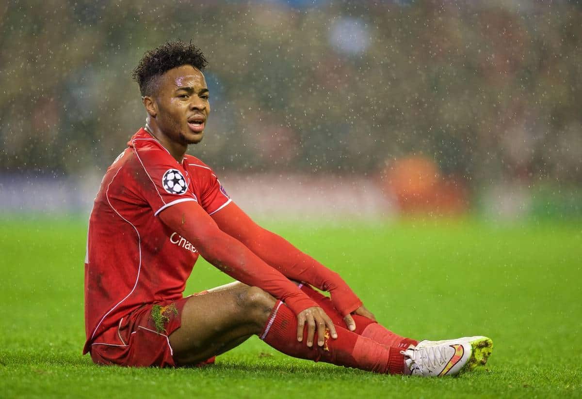 LIVERPOOL, ENGLAND - Tuesday, December 9, 2014: Liverpool's Raheem Sterling looks dejected against FC Basel during the final UEFA Champions League Group B match at Anfield. (Pic by David Rawcliffe/Propaganda)