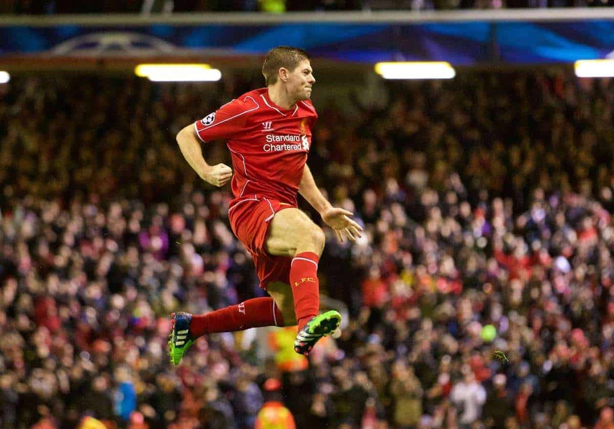 LIVERPOOL, ENGLAND - Tuesday, December 9, 2014: Liverpool's captain Steven Gerrard celebrates scoring the equalising goal against FC Basel to level the score 1-1 during the final UEFA Champions League Group B match at Anfield. (Pic by David Rawcliffe/Propaganda)