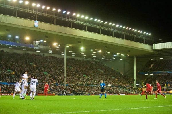 LIVERPOOL, ENGLAND - Tuesday, December 9, 2014: Liverpool's captain Steven Gerrard scores the equalising goal against FC Basel to level the score 1-1 during the final UEFA Champions League Group B match at Anfield. (Pic by David Rawcliffe/Propaganda)