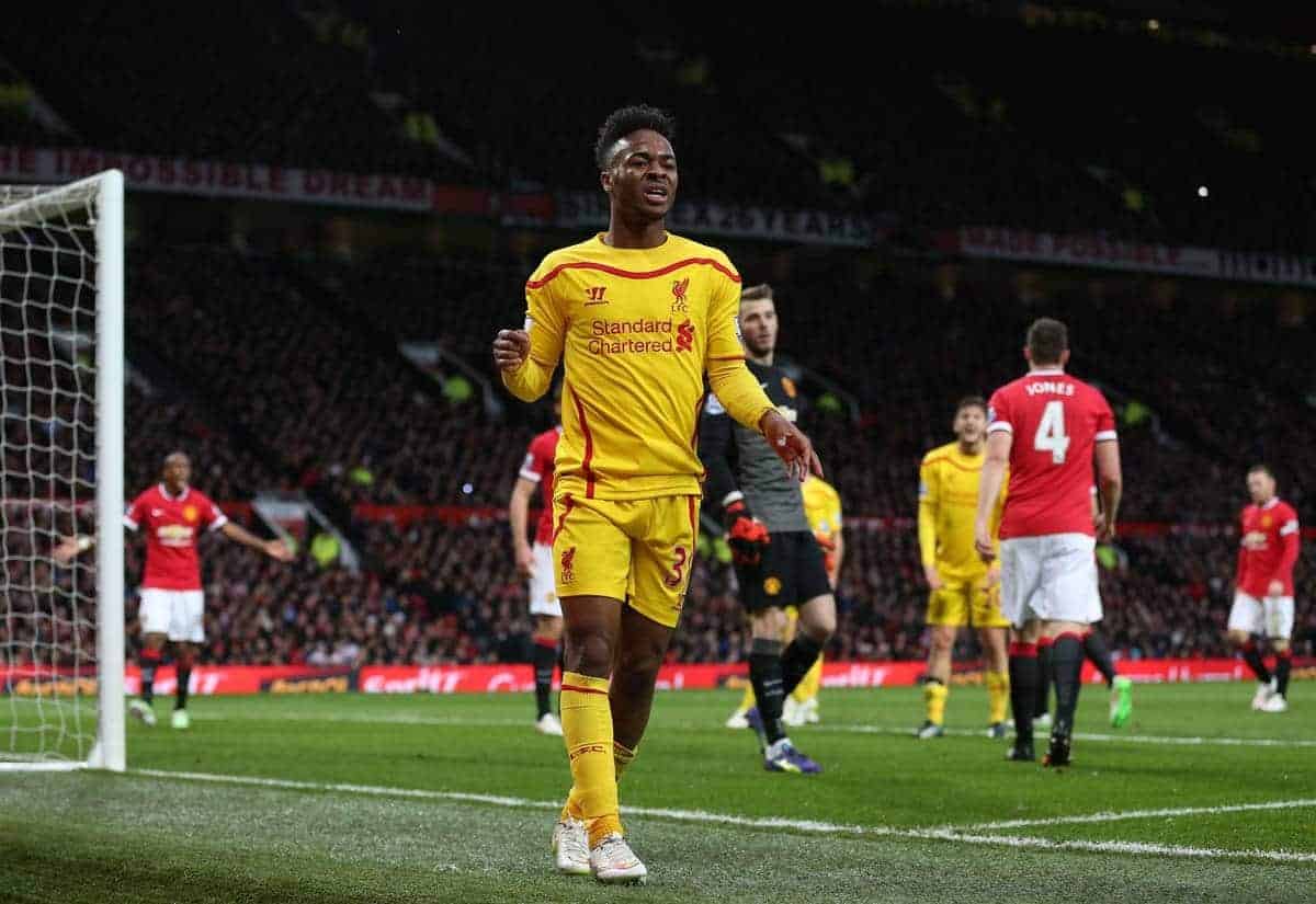 MANCHESTER, ENGLAND - Sunday, December 14, 2014: Liverpool's Raheem Sterling looks dejected after missing a chance against Manchester United during the Premier League match at Old Trafford. (Pic by David Rawcliffe/Propaganda)