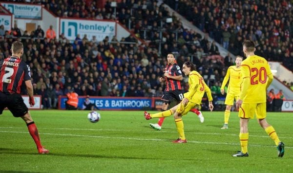BOURNEMOUTH, ENGLAND - Wednesday, December 17, 2014: Liverpool's Lazar Markovic scores the second goal against Bournemouth during the Football League Cup 5th Round match at Dean Court. (Pic by David Rawcliffe/Propaganda)