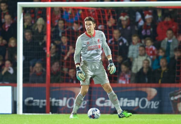 BOURNEMOUTH, ENGLAND - Wednesday, December 17, 2014: Liverpool's goalkeeper Brad Jones slips as he controls the ball against Bournemouth during the Football League Cup 5th Round match at Dean Court. (Pic by David Rawcliffe/Propaganda)