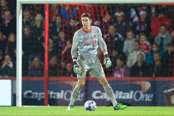 BOURNEMOUTH, ENGLAND - Wednesday, December 17, 2014: Liverpool's goalkeeper Brad Jones slips as he controls the ball against Bournemouth during the Football League Cup 5th Round match at Dean Court. (Pic by David Rawcliffe/Propaganda)