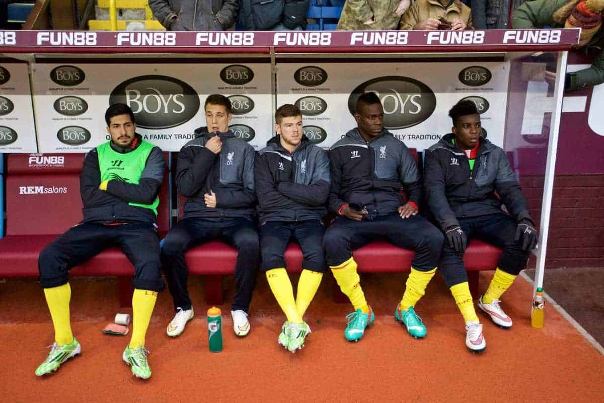 BURNLEY, ENGLAND - Boxing Day, Friday, December 26, 2014: Liverpool's substitutes Emre Can, Javier Manquillo, Alberto Moreno, Mario Balotelli and Sheyi Ojo before the Premier League match against Burnley at Turf Moor. (Pic by David Rawcliffe/Propaganda)