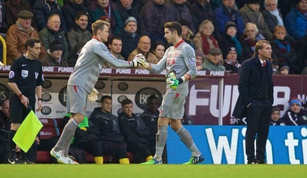 BURNLEY, ENGLAND - Boxing Day, Friday, December 26, 2014: Liverpool's goalkeeper Brad Jones is replaced by substitute goalkeeper Simon Mignolet against Burnley during the Premier League match at Turf Moor. (Pic by David Rawcliffe/Propaganda)