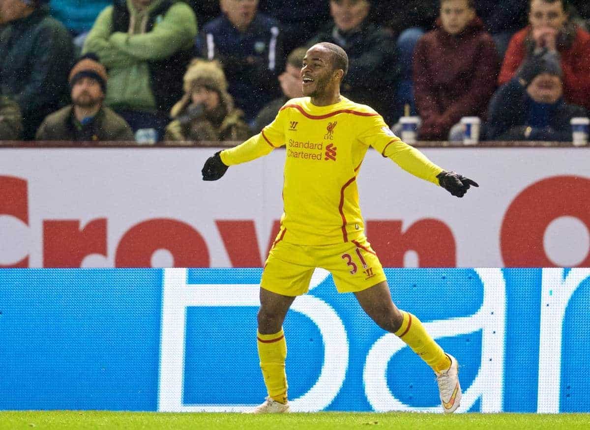 BURNLEY, ENGLAND - Boxing Day, Friday, December 26, 2014: Liverpool's Raheem Sterling celebrates scoring the first goal against Burnley during the Premier League match at Turf Moor. (Pic by David Rawcliffe/Propaganda)