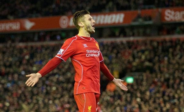 LIVERPOOL, ENGLAND - Monday, December 29, 2014: Liverpool's Adam Lallana celebrates scoring the second goal against Swansea City during the Premier League match at Anfield. (Pic by David Rawcliffe/Propaganda)
