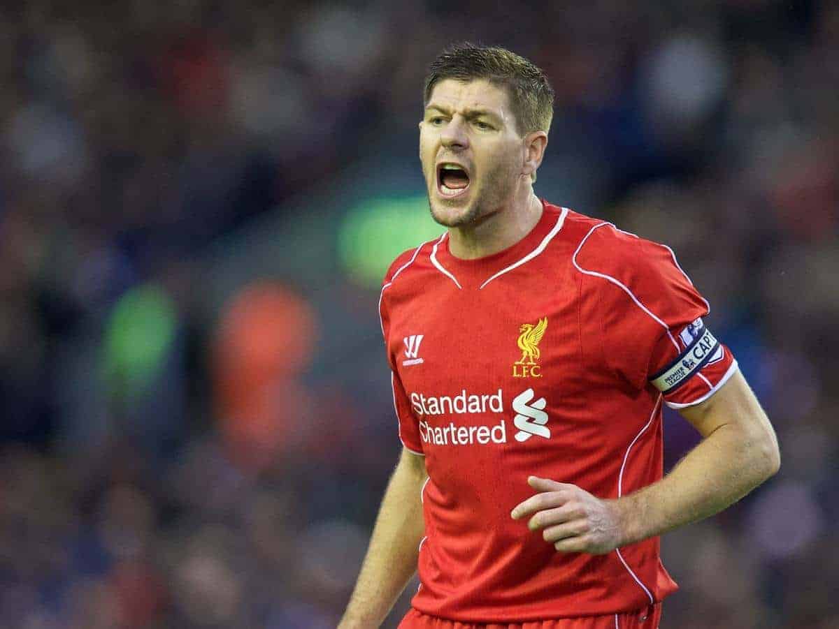 LIVERPOOL, ENGLAND - Thursday, New Year's Day, January 1, 2015: Liverpool's captain Steven Gerrard in action against Leicester City during the Premier League match at Anfield. (Pic by David Rawcliffe/Propaganda)