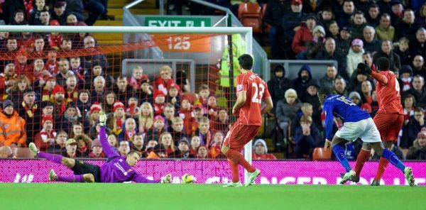 LIVERPOOL, ENGLAND - Thursday, New Year's Day, January 1, 2015: Liverpool's goalkeeper Simon Mignolet is beaten as Leicester City's Jeff Schlupp scores the second goal against during the Premier League match at Anfield. (Pic by David Rawcliffe/Propaganda)