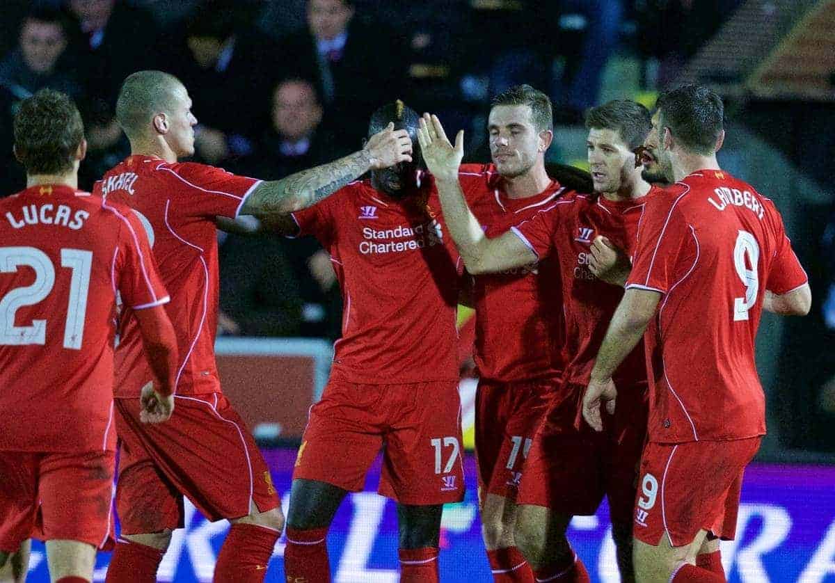 KINGSTON-UPON-THAMES, ENGLAND - Monday, January 5, 2015: Liverpool's captain Steven Gerrard celebrates scoring the second goal against AFC Wimbledon during the FA Cup 3rd Round match at the Kingsmeadow Stadium. (Pic by David Rawcliffe/Propaganda)