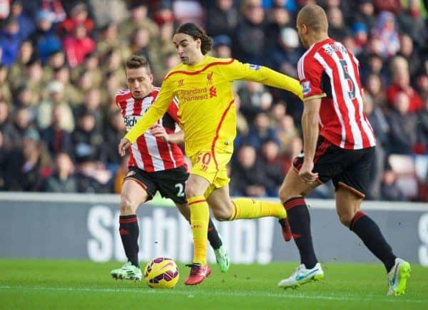SUNDERLAND, ENGLAND - Saturday, January 10, 2015: Liverpool's Lazar Markovic in action against Sunderland during the Premier League match at the Stadium of Light. (Pic by David Rawcliffe/Propaganda)