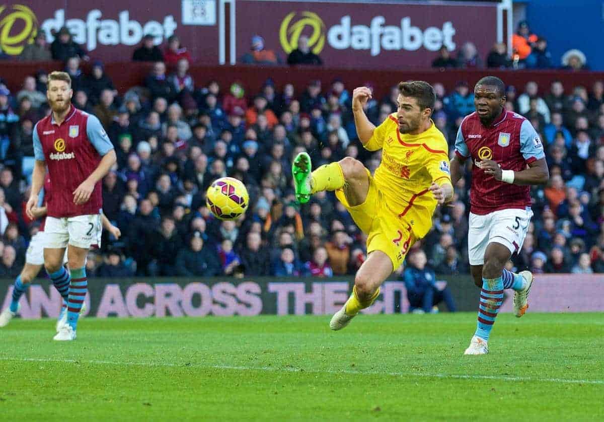 BIRMINGHAM, ENGLAND - Saturday, January 17, 2015: Liverpool's Fabio Borini scores the first goal against Aston Villa during the Premier League match at Villa Park. (Pic by David Rawcliffe/Propaganda)