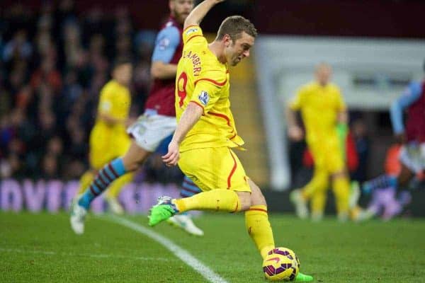 BIRMINGHAM, ENGLAND - Saturday, January 17, 2015: Liverpool's Rickie Lambert scores the second goal against Aston Villa during the Premier League match at Villa Park. (Pic by David Rawcliffe/Propaganda)