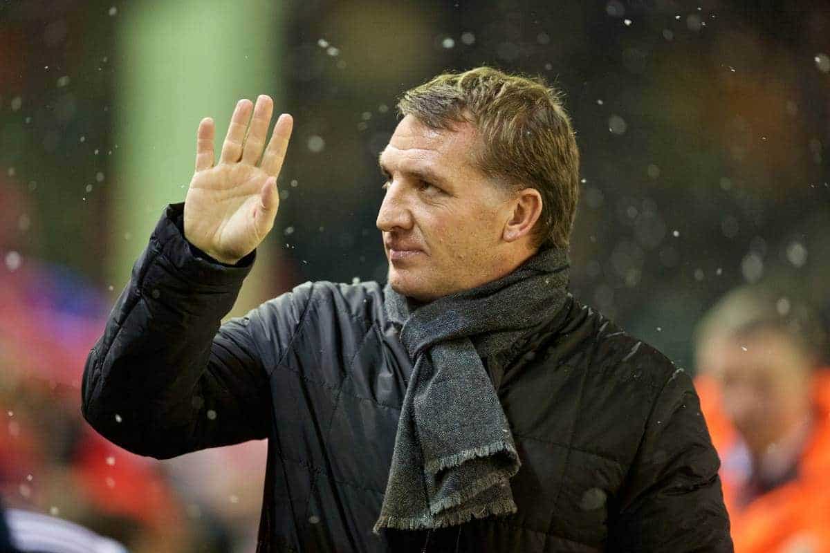 LIVERPOOL, ENGLAND - Tuesday, January 20, 2015: Liverpool's manager Brendan Rodgers before the Football League Cup Semi-Final 1st Leg match against Chelsea at Anfield. (Pic by David Rawcliffe/Propaganda)