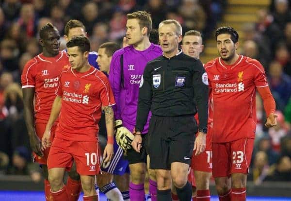 LIVERPOOL, ENGLAND - Tuesday, January 20, 2015: Referee Martin Atkinson awards Chelsea a penalty during the Football League Cup Semi-Final 1st Leg match against Liverpool at Anfield. (Pic by David Rawcliffe/Propaganda)