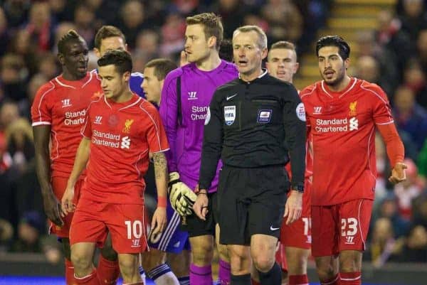 LIVERPOOL, ENGLAND - Tuesday, January 20, 2015: Referee Martin Atkinson awards Chelsea a penalty during the Football League Cup Semi-Final 1st Leg match against Liverpool at Anfield. (Pic by David Rawcliffe/Propaganda)