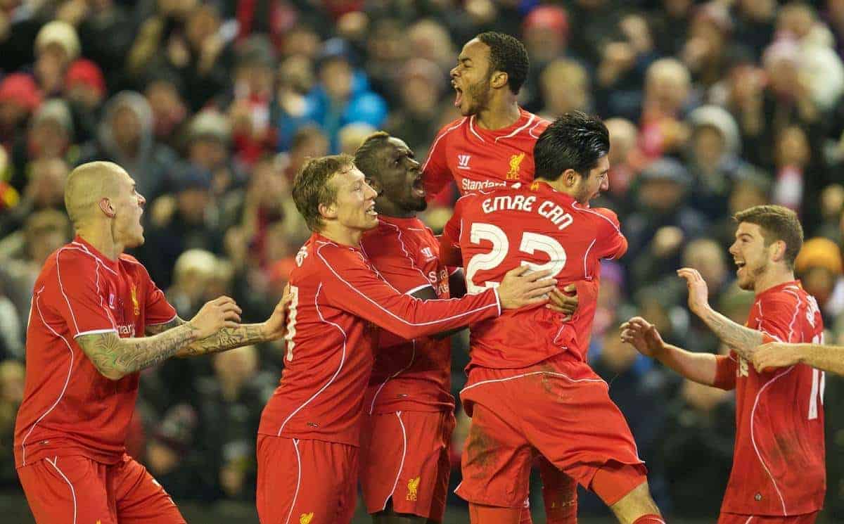 LIVERPOOL, ENGLAND - Tuesday, January 20, 2015: Liverpool's Raheem Sterling celebrates scoring the first goal against Chelsea during the Football League Cup Semi-Final 1st Leg match at Anfield. (Pic by David Rawcliffe/Propaganda)