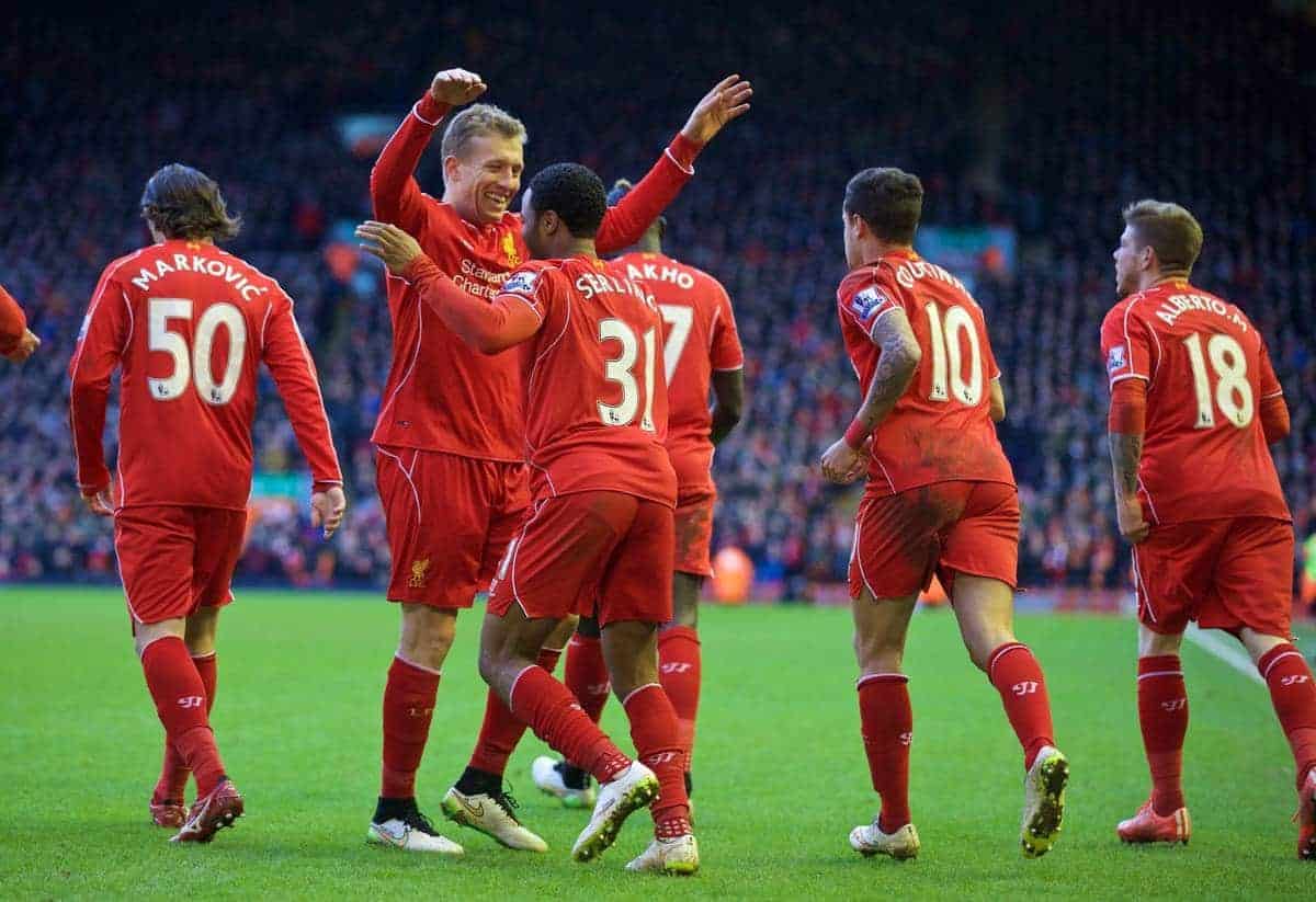 LIVERPOOL, ENGLAND - Saturday, January 31, 2015: Liverpool's celebrates scoring the first goal against West Ham United during the Premier League match at Anfield. (Pic by David Rawcliffe/Propaganda)