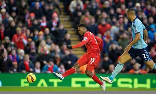 LIVERPOOL, ENGLAND - Saturday, January 31, 2015: Liverpool's Daniel Sturridge scores the second goal against West Ham United during the Premier League match at Anfield. (Pic by David Rawcliffe/Propaganda)