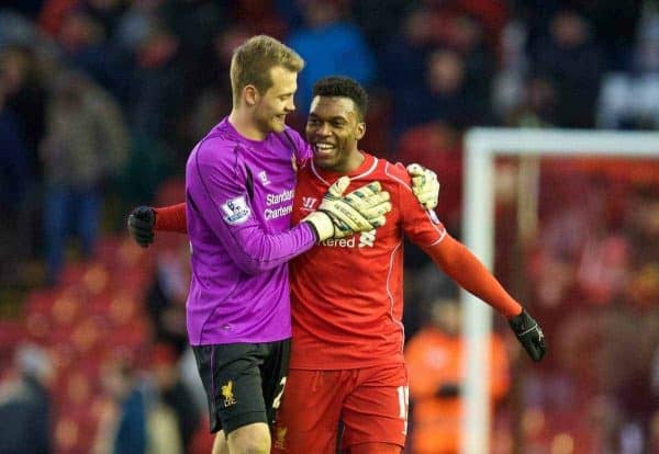 LIVERPOOL, ENGLAND - Saturday, January 31, 2015: Liverpool's goalkeeper Simon Mignolet and goal-scorer Daniel Sturridge celebrate after the 2-0 victory over West Ham United during the Premier League match at Anfield. (Pic by David Rawcliffe/Propaganda)