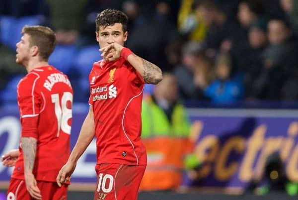 BOLTON, ENGLAND - Wednesday, February 4, 2015: Liverpool's Philippe Coutinho Correia celebrates scoring the winning second goal in injury time against Bolton Wanderers during the FA Cup 4th Round Replay match at the Reebok Stadium. (Pic by David Rawcliffe/Propaganda)