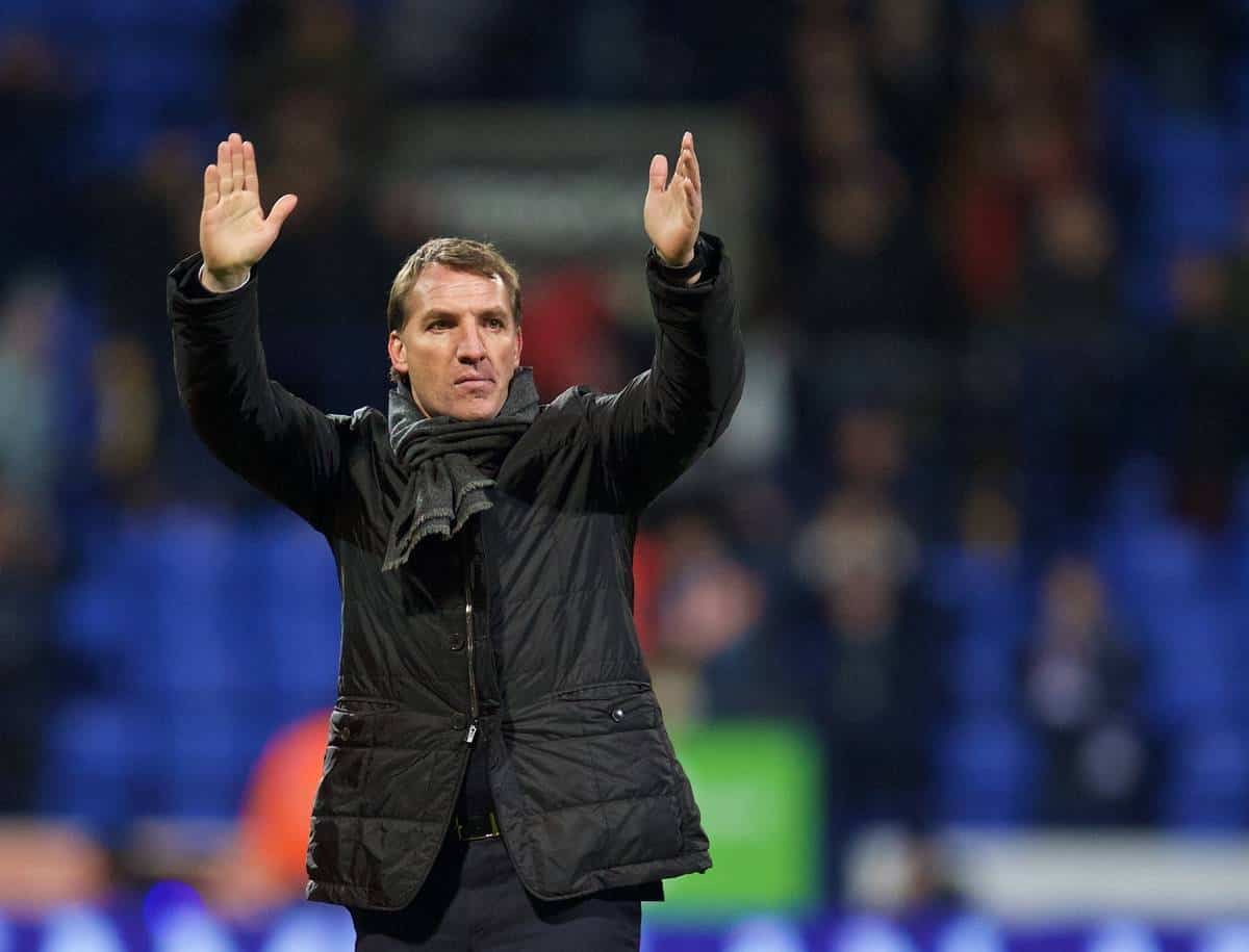 BOLTON, ENGLAND - Wednesday, February 4, 2015: Liverpool's manager Brendan Rodgers celebrates after a 2-1 victory over Bolton Wanderers during the FA Cup 4th Round Replay match at the Reebok Stadium. (Pic by David Rawcliffe/Propaganda)