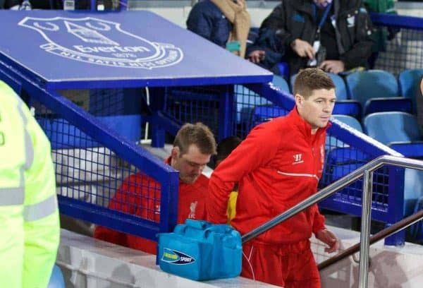 LIVERPOOL, ENGLAND - Friday, February 6, 2015: Liverpool's captain Steven Gerrard leads his side out for his last ever Merseyside Derby during the Premier League match against Everton at Goodison Park, the 224th Merseyside Derby. (Pic by David Rawcliffe/Propaganda)