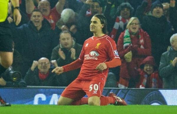 LIVERPOOL, ENGLAND - Tuesday, February 10, 2015: Liverpool's Lazar Markovic celebrates scoring the first goal against Tottenham Hotspur during the Premier League match at Anfield. (Pic by David Rawcliffe/Propaganda)