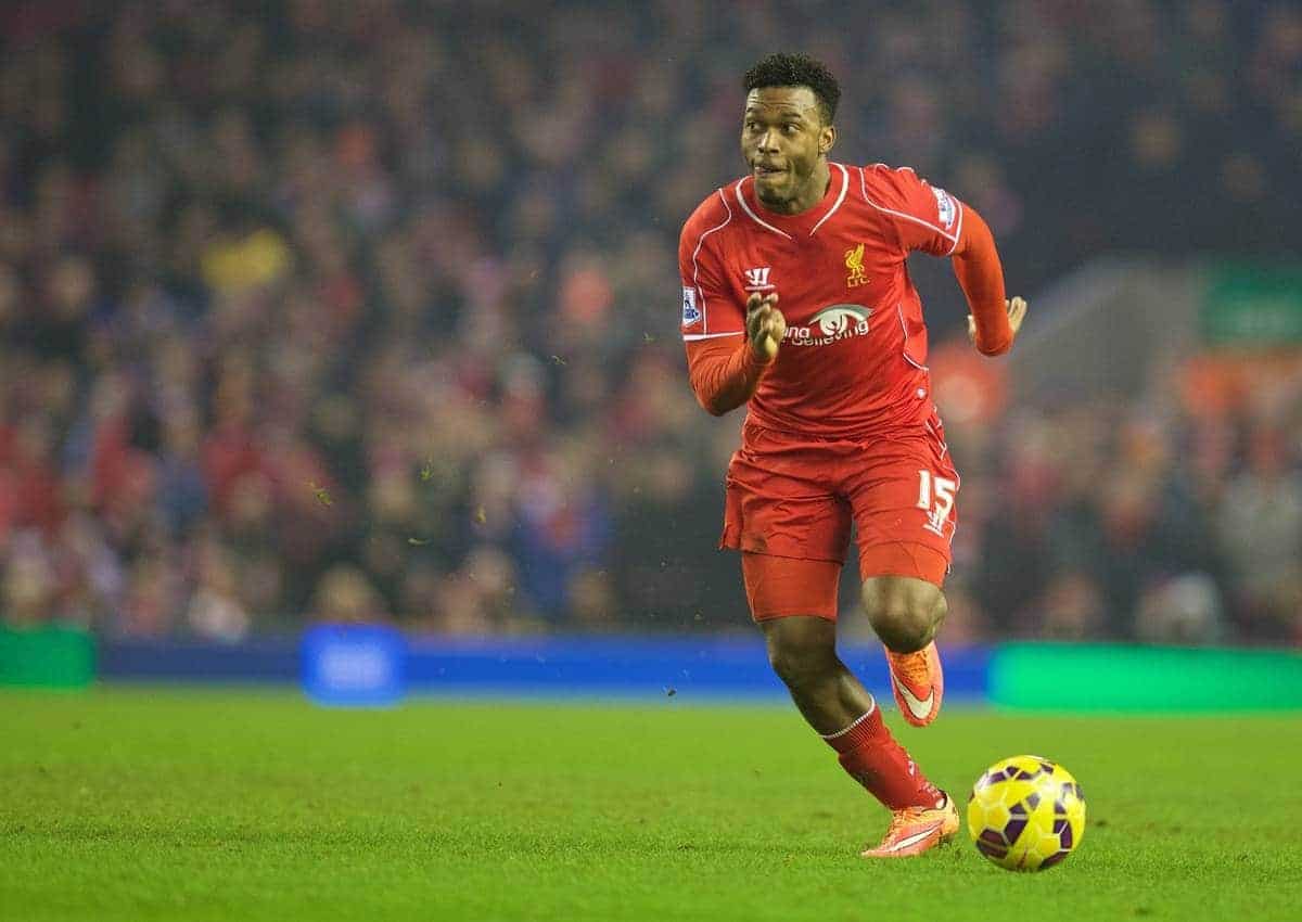 LIVERPOOL, ENGLAND - Tuesday, February 10, 2015: Liverpool's Daniel Sturridge in action against Tottenham Hotspur during the Premier League match at Anfield. (Pic by David Rawcliffe/Propaganda)