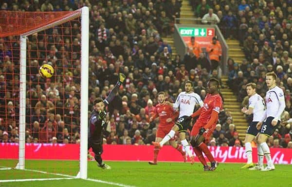 LIVERPOOL, ENGLAND - Tuesday, February 10, 2015: Liverpool's Mario Balotelli scores the third goal againstTottenham Hotspur during the Premier League match at Anfield. (Pic by David Rawcliffe/Propaganda)